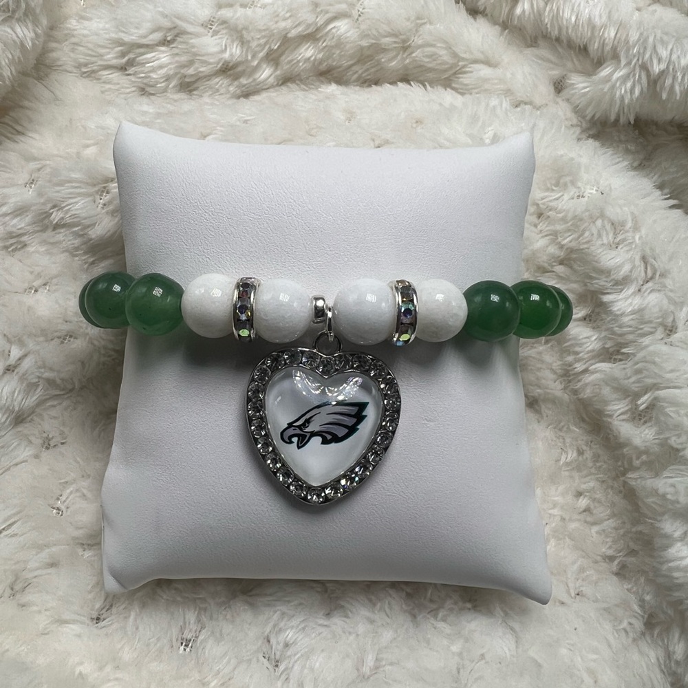Handmade Philadelphia Eagles Bracelet. Beaded With Crystal Trimmed Charm